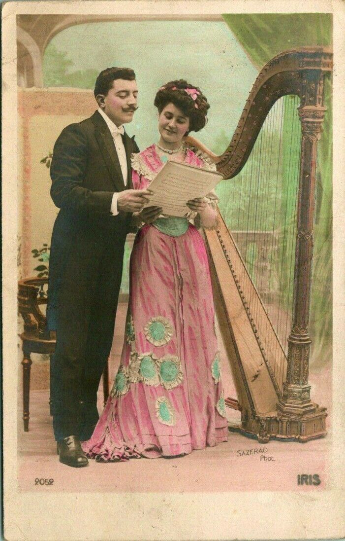Antique Rppc Postcard  Belgium  "iris"  Couple Standing W/harp   1910