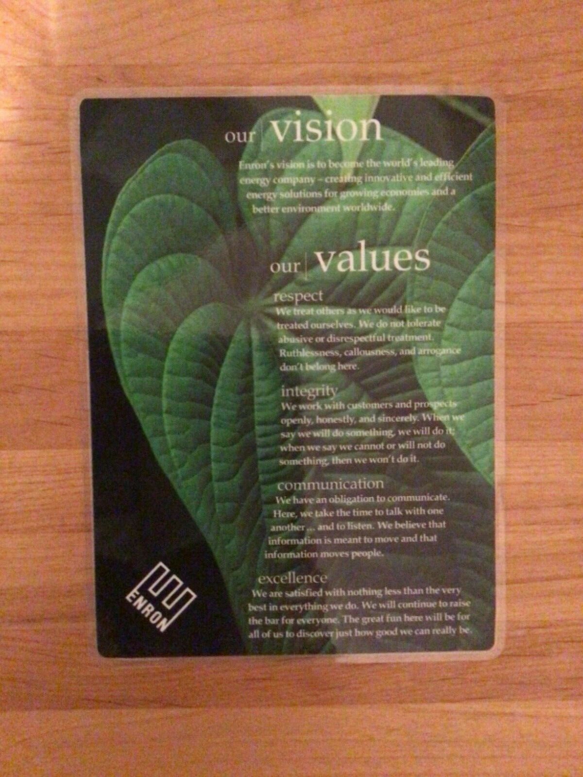 Super Rare Authentic Original Enron Vision And Values Laminated Placard!