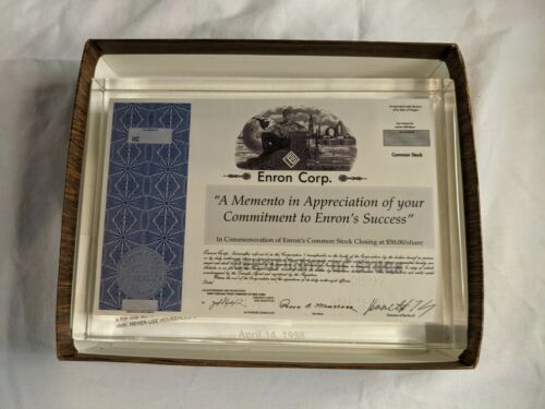 Enron Lucite Miniature Stock Certificate 4/14/98 $50/share Ken Lay Signed