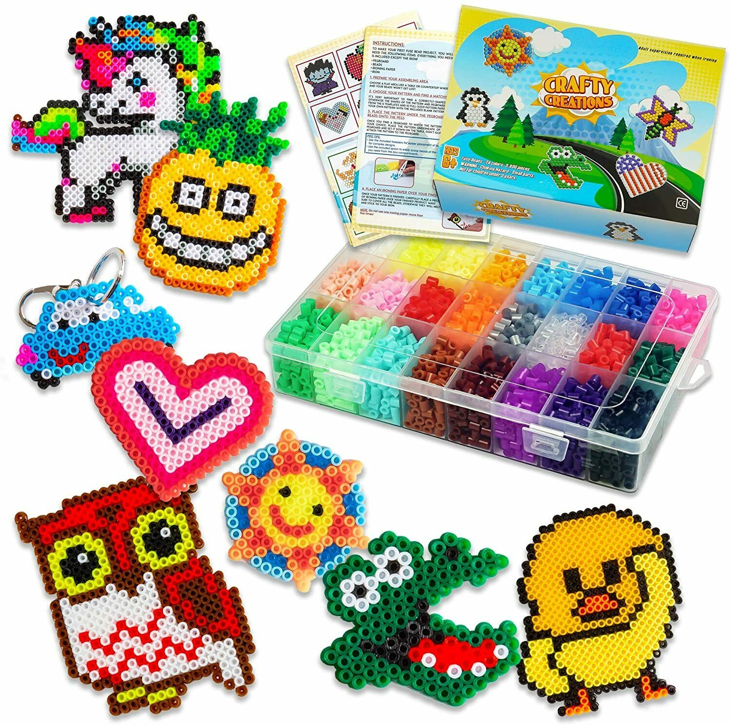 Fuse Beads Craft Kit - Perler Beads Compatible Kit, 24 Colors, 6 Pegboards