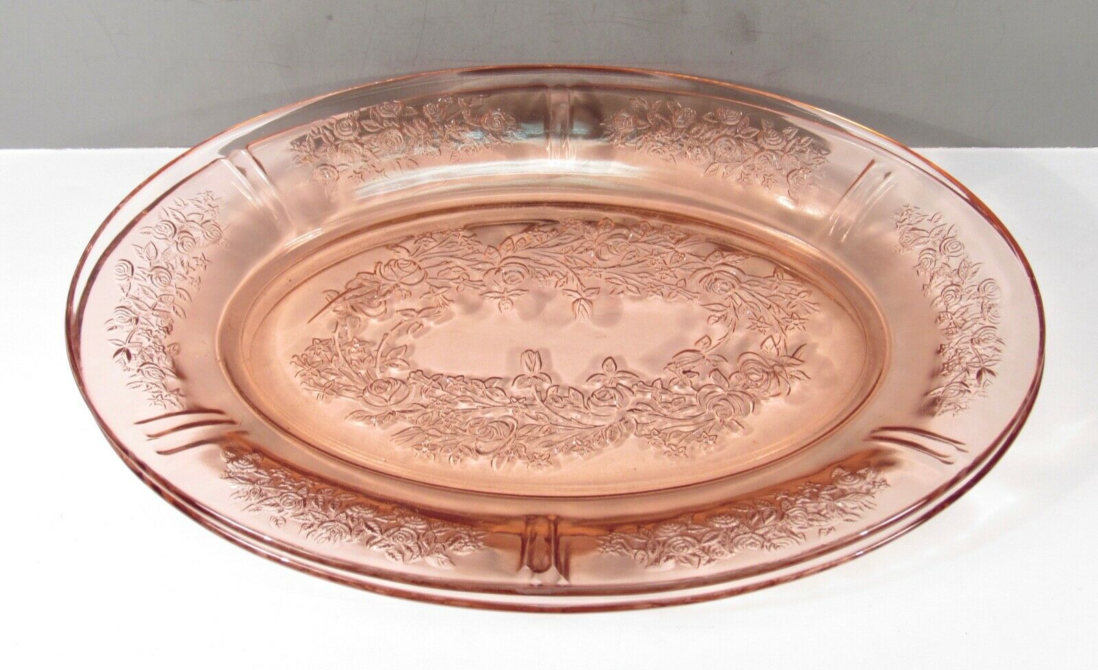 Pair Antique Federal Sharon Cabbage Rose Pink Depression Glass Serving Platters
