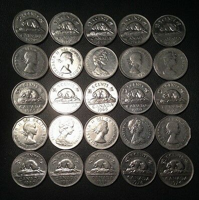 Old Canadian Nickel Lot - 25 Coins - 1955-1981 - Pure Nickel - Free Shipping!!
